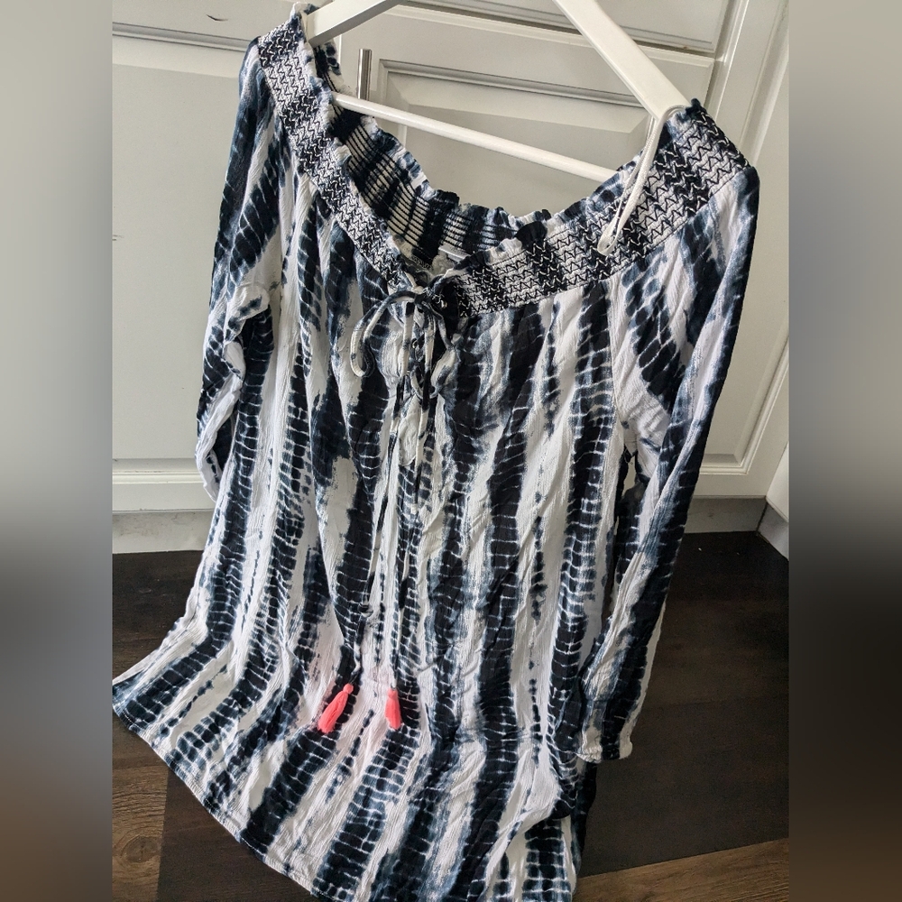 Pretty boho dress/tunic by DizzyLizzy XL off shoulder blue white gauze